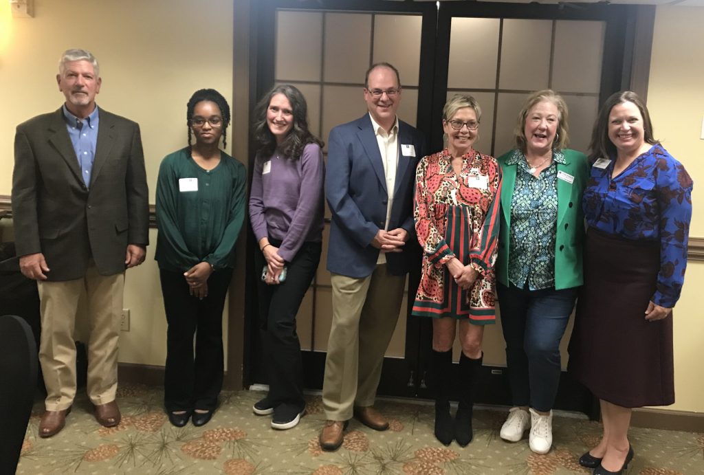 MWGC 2024 grant recipients. From left: Sleep in Heavenly Peace Chapter President Tom Bourne; Triangle Area Parenting Moore County Doula Naja Fitzgerald and Executive Director Monica Richardson; Arts Council of Moore County Executive Director Chris Dunn; The Arc of Moore County Executive Director Wendy Carter; C.A.R.E Group and Moore Buddies Mentoring Executive Director Joyce Clevenger; Children’s Cancer Partners of the Carolinas Director of Advancement Allison Brouillette.