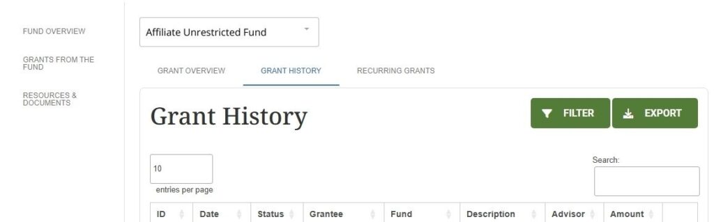 Screenshot showing the affiliate grant history tab of the Portal