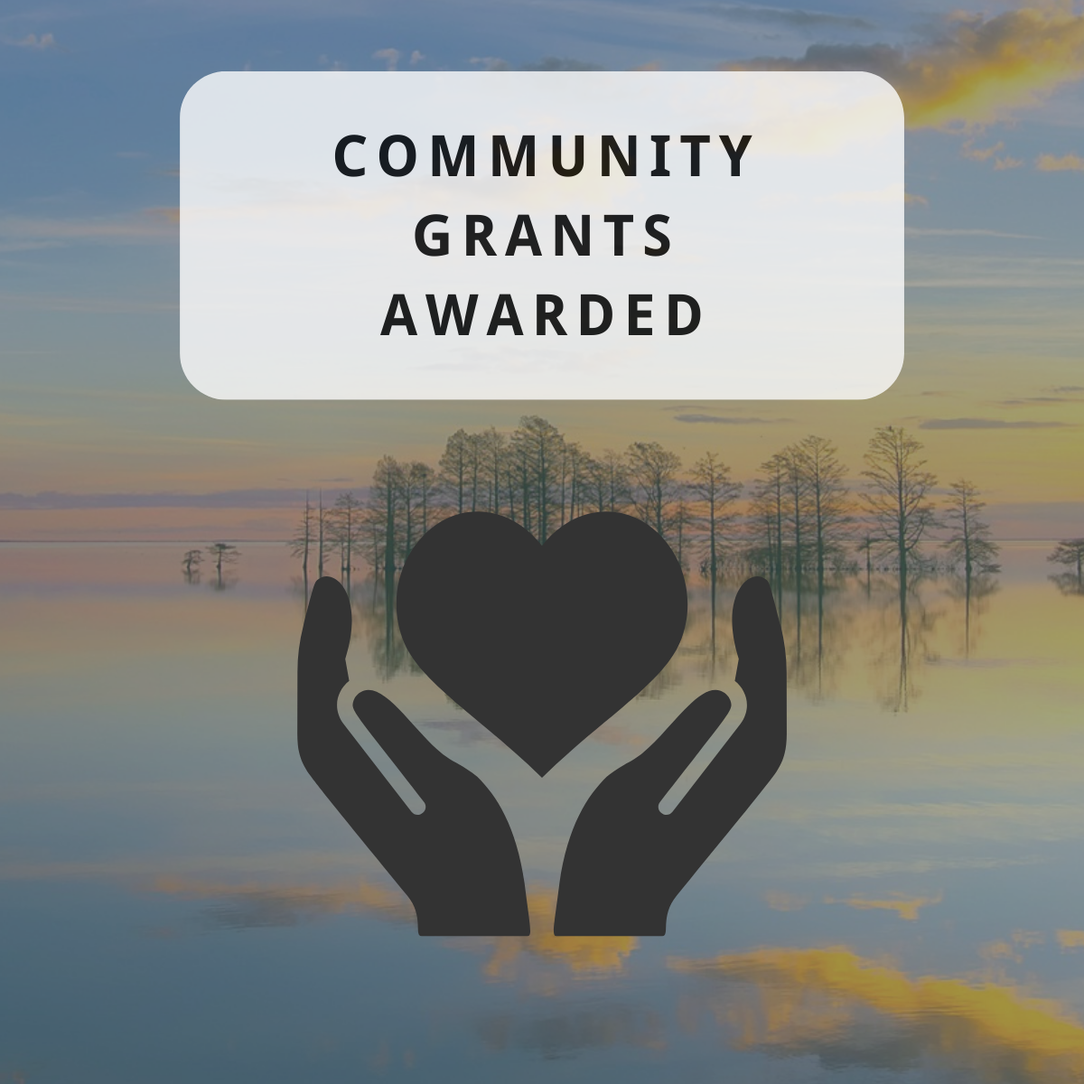 An image of a lake or marsh at sunrise with text that reads "Community grants awarded" above a graphic of two hands holding a heart