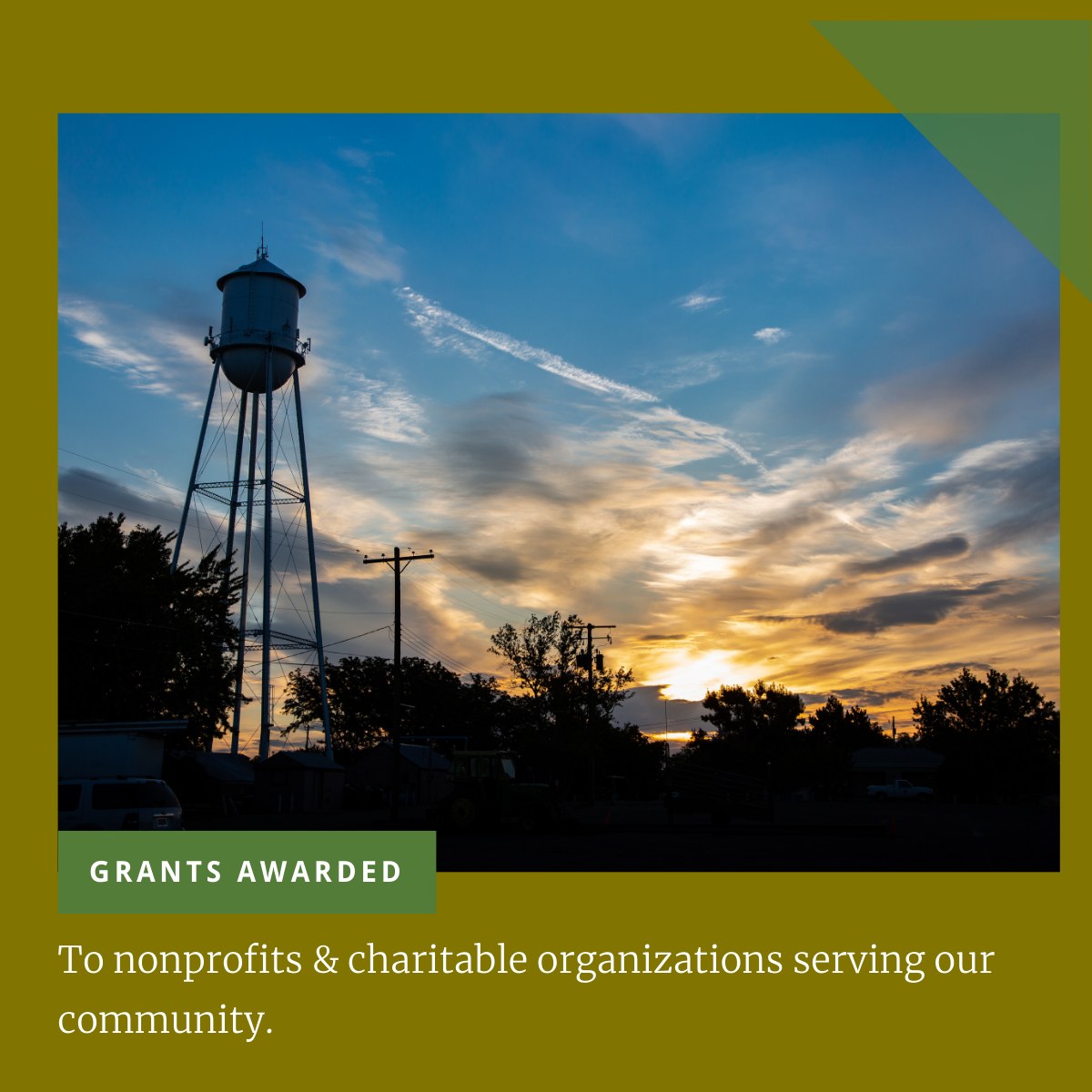 An image of a water tower above the tree line with text that reads Grants awarded to nonprofits and charitable organizations serving our community.
