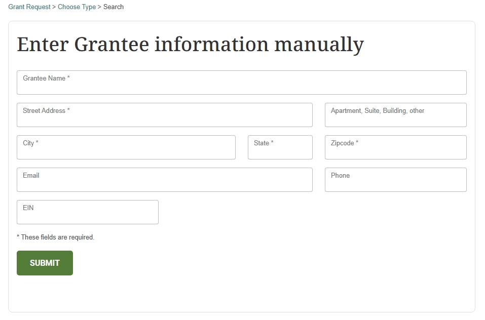 Screenshot showing how to enter grantee information manually