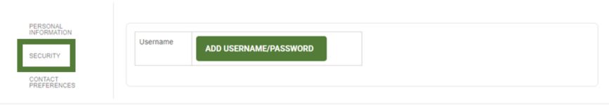Screenshot of NCCF's Portal showing the security tab of profile where a user can select to add a username and password