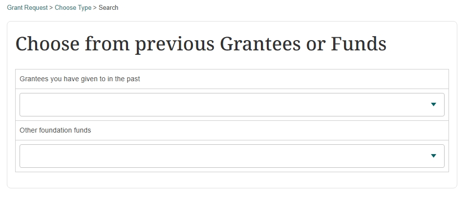 Screenshot displaying the dropdown menus after you select a previous grantee