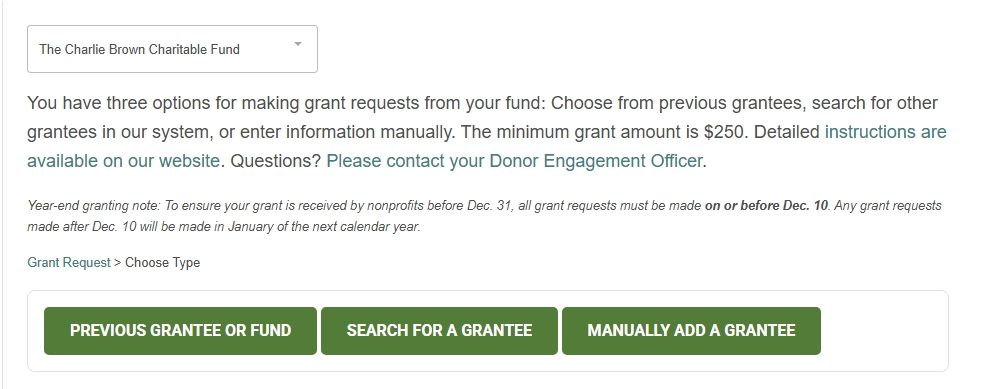 Screenshot displaying the options for selecting a grantee in the portal