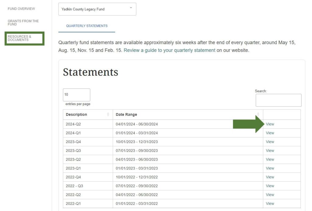 Screenshot displaying the statements tab of the affiliate portal