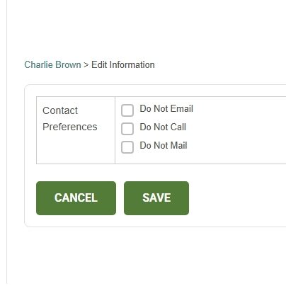 Screenshot showing how to check or uncheck the do not email, mail or call boxes on the NCCF portal