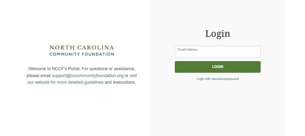 A screenshot of NCCF's Portal log in page showing the log in with email option