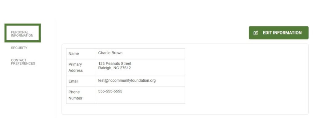 A screenshot of the profile section of NCCF's portal showing a fictional fundholder's contact information