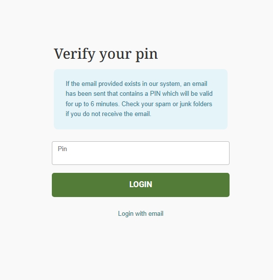 A screenshot of NCCF's portal log in with PIN page prompting users to enter the PIN received via email within 6 minutes