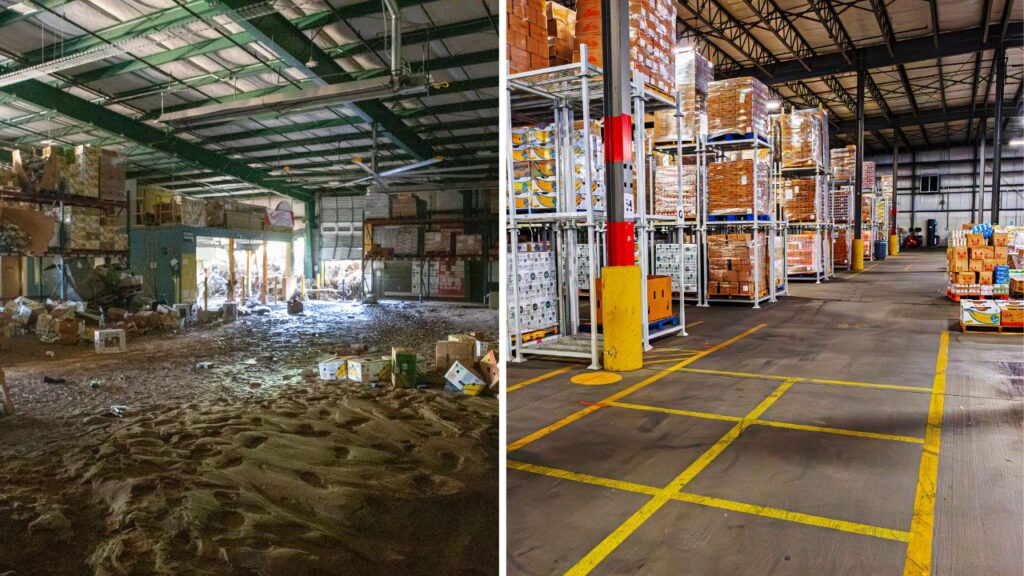 Side-by-side images showing the destruction of MANNA FoodBank’s original facility after Hurricane Helene on the left, and its nearly completed new facility on the right, supported by a $7 million grant from NCCF and CFWNC.