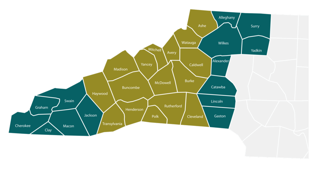 Map that shows counties in western North Carolina eligible for Disaster Relief Fund grants.