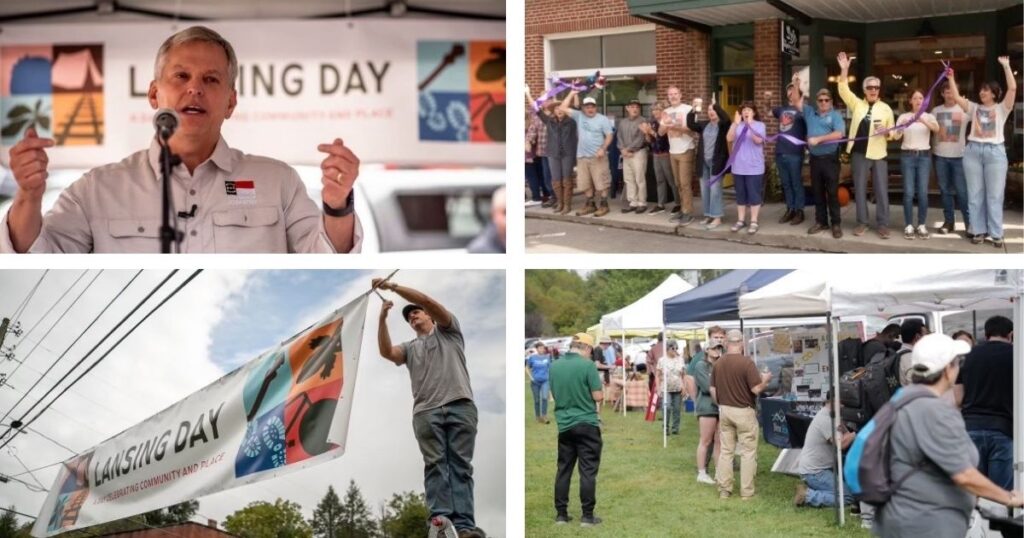 Collage of four Lansing Day photos: NC Governor Josh Stein speaking (top left), ribbon cutting ceremony (top right), a man hanging a Lansing Day sign (bottom left), and people shopping at a market (bottom right).