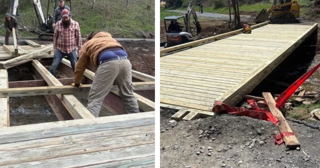 Volunteers build wooden bridge (left), newly completed wooden bridge (right)