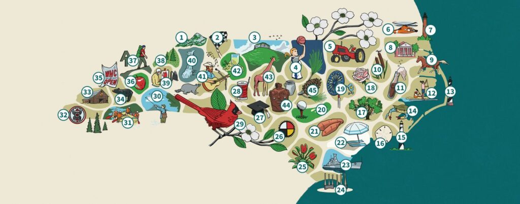 An illustrated map of North Carolina that shows a collection of North Carolina landmarks, moments and celebrated pastimes that have had an indelible impact on the state. 