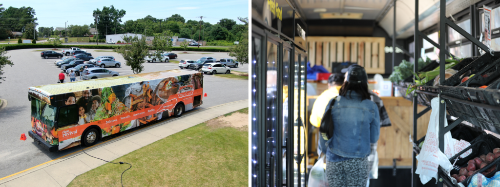 Left: Ripe for Revival’s mobile market brings locally grown produce directly to communities in need. Right: Shoppers at Ripe for Revival’s mobile market. Images courtesy of Ripe for Revival.