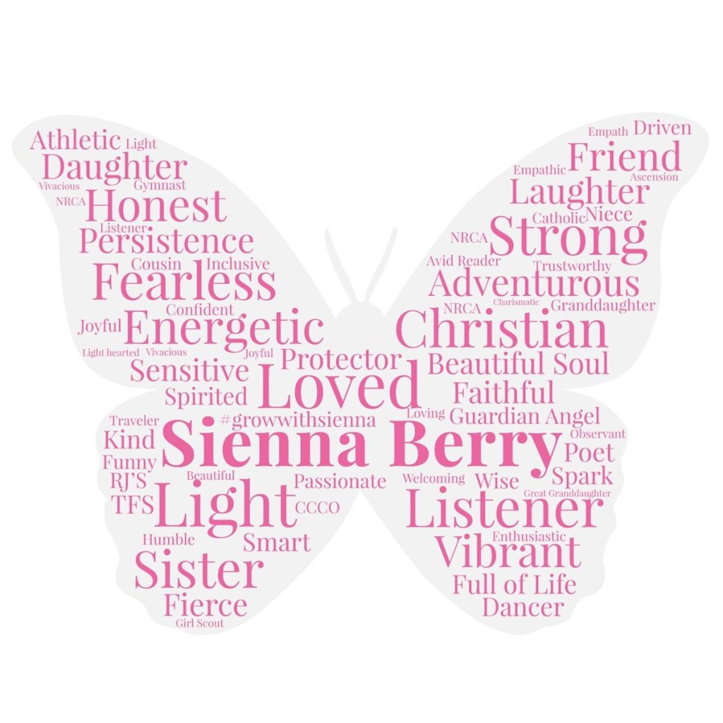 A word cloud in the shape of a butterfly in memory of Sienna Berry.